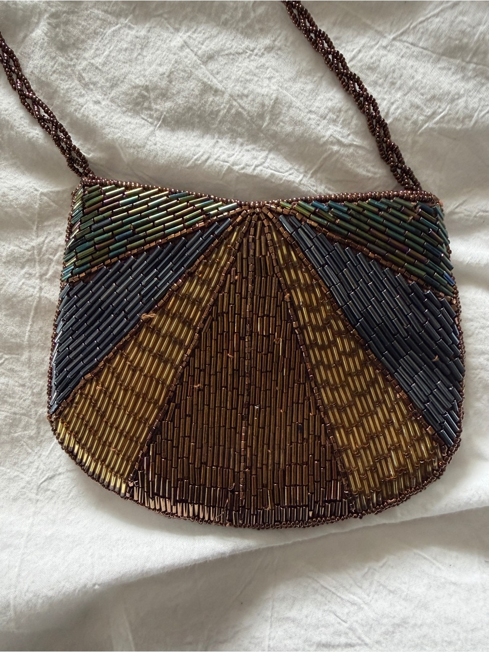 Vintage Beaded Crossbody Purse Wallet Bag in Brown Gold and Blue Japan